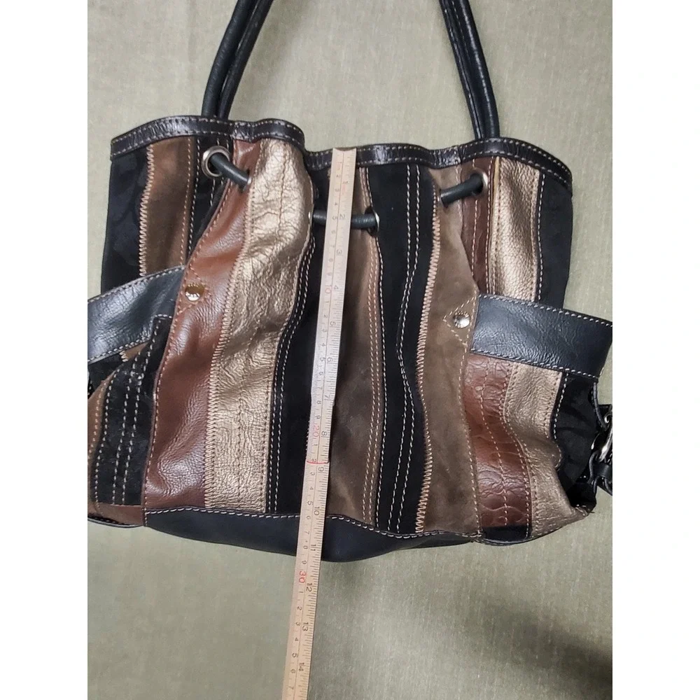 Fossil Y2K Hobo Patchwork Leather Suede Bag Brown Black Bronze Metallic M